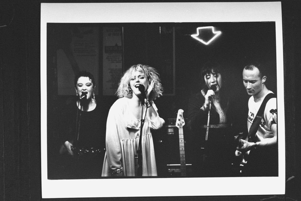 Cast of movie The Commitments performing in Waterfront Rock Cafe as they did as soul group in the film, incl. (L-R) Bronagh Gallagher, Angeline Ball, Maria Doyle, & Dave Finnegan at a party
