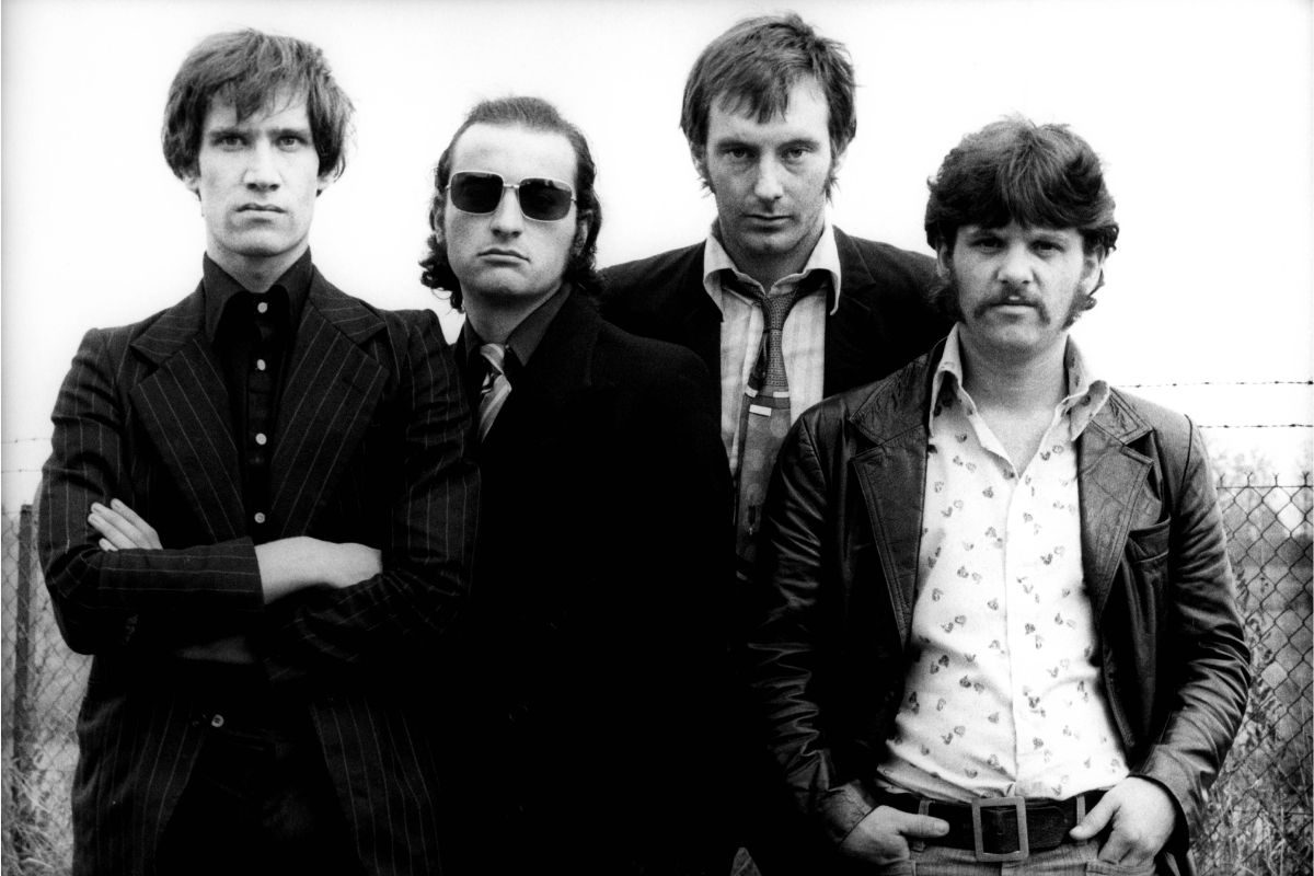 Dr Feelgood in their native Canvey Island, Essex, 1976. L-R: Wilko Johnson, John Martin, Lee Brilleaux and John B. Sparks