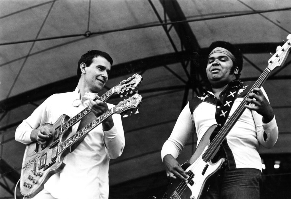 The Mahavishnu Orchestra perform live on stage in Amsterdam, Netherlands in 1973. L-R John McLaughlin, Ralphe Armstrong