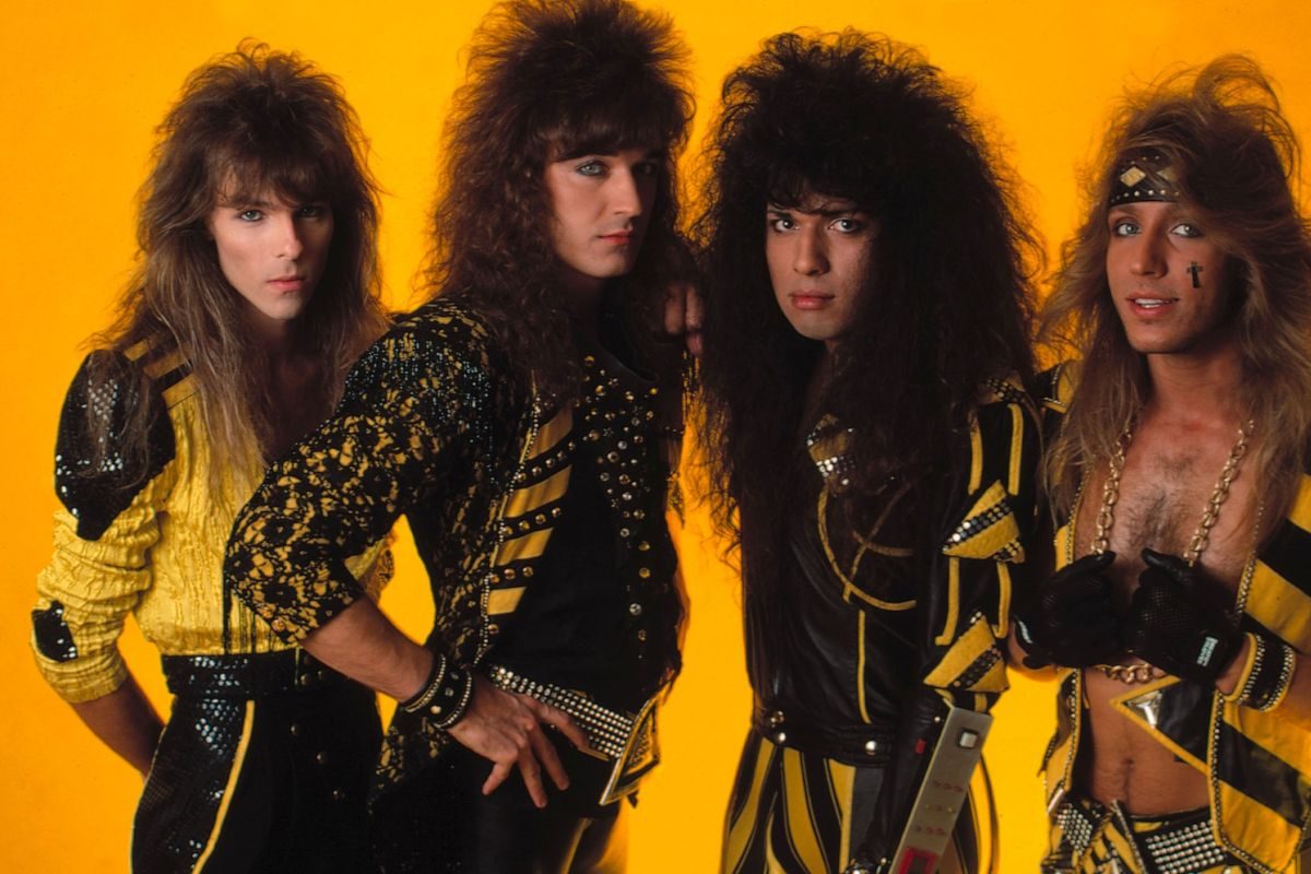 Stryper, Christian rock band, 1987. L-R Tim Gaines (bass), Michael Sweet (vocals, guitar), Oz Fox (lead guitar), Robert Sweet (drums). 