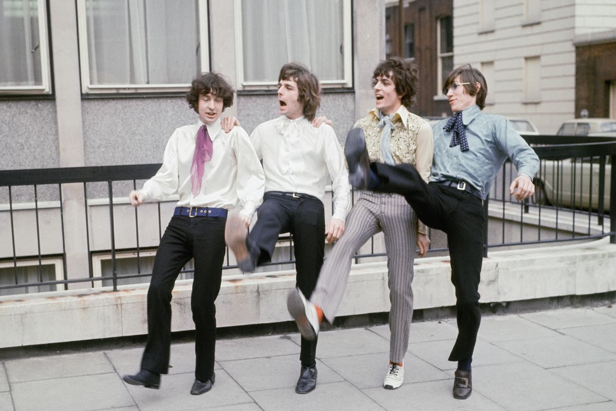 Pink Floyd (Nick Mason, Rick Wright, Syd Barrett and Roger Waters) outside EMI House in Manchester Square, London, after being signed to the label, 3 March 1967