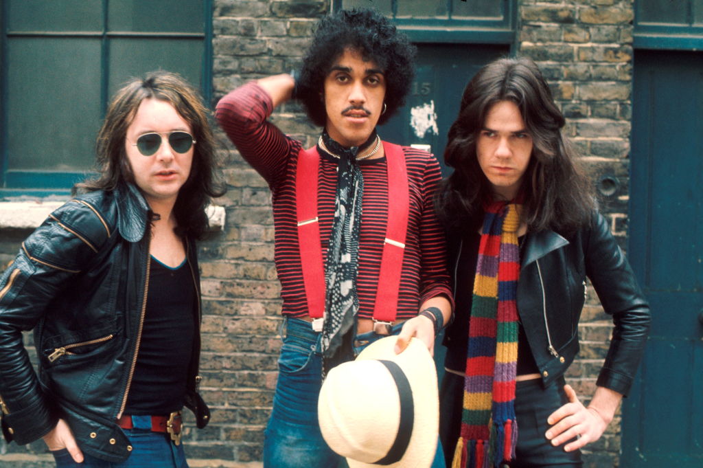 Thin Lizzy circa their fourth album Nightlife, 1974. Left to right: Brian Downey, Phil Lynott and Gary Moore