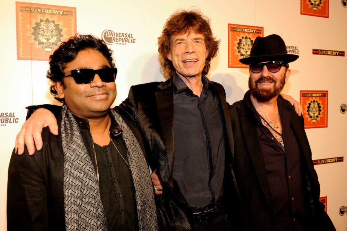 A.R. Rahman, Mick Jagger and Dave Stewart celebrating the release of their new album SuperHeavy, 2011