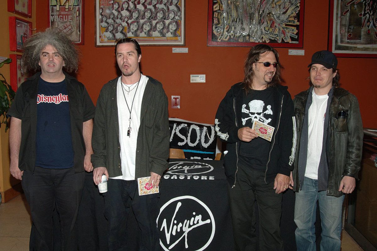 Buzz Osborne, Mike Patton, Dave Lombardo, Trevor Dunn of Fantomas at a signing of album Suspended Animation, 2005