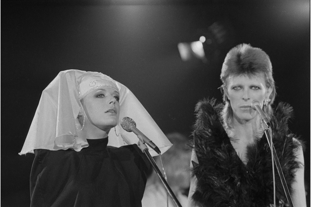 Marianne Faithfull and David Bowie recording 'The 1980 Floor Show' for the NBC 'Midnight Special' TV show, at the Marquee Club in London, 20 October 1973
