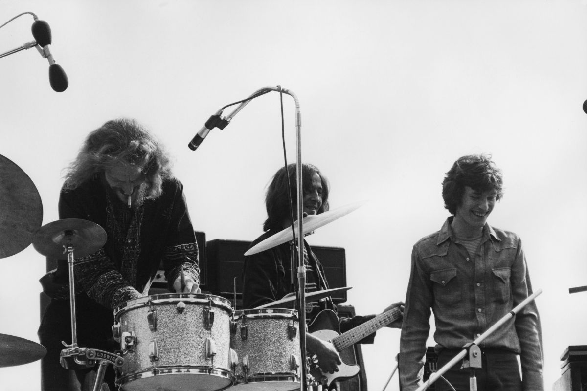 Blind Faith perform on stage in Hyde Park, London, 7th June 1969. Left to right: Ginger Baker, Eric Clapton, Steve Winwood