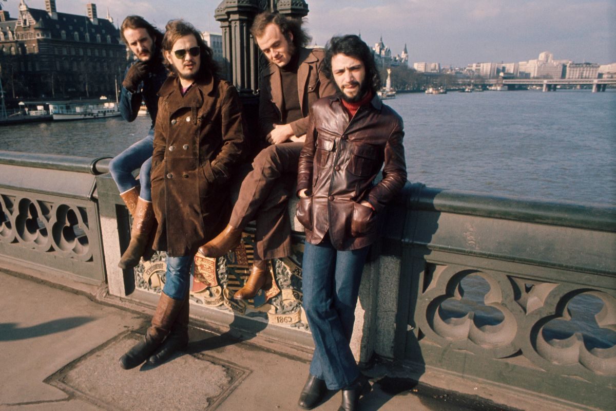 Focus, Dutch rock band, on Westminster Bridge, London, 1972, L-R Jan Akkerman, Bert Ruiter, Thijs van Leer, Pierre van der Linden