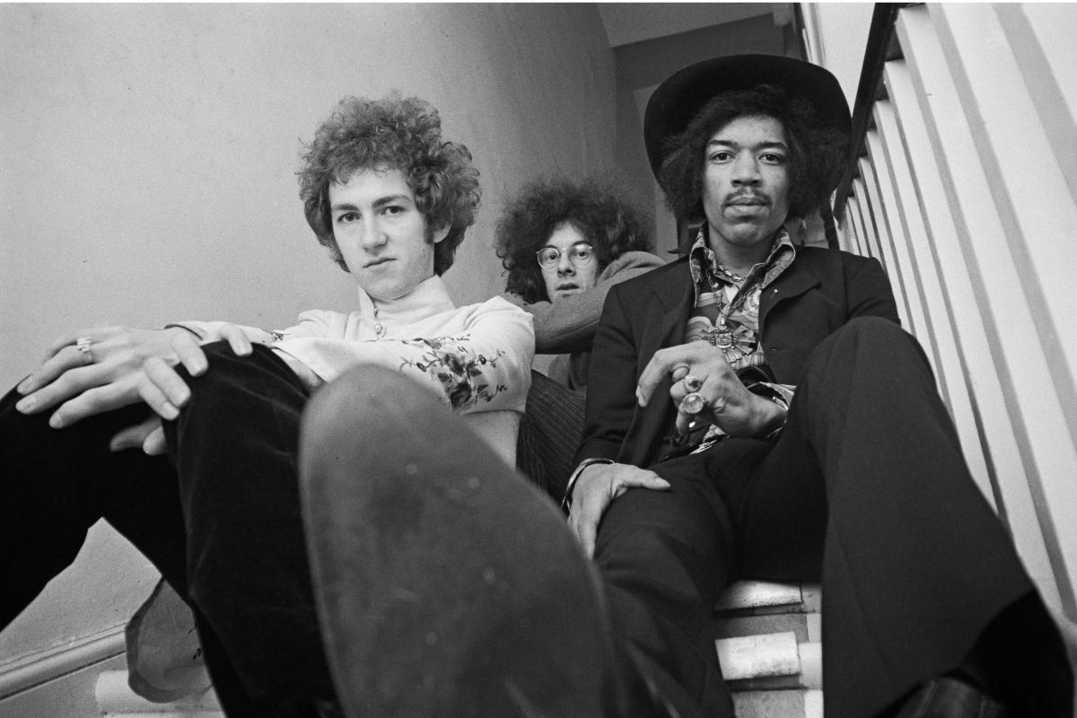 Jimi Hendrix (right) with, from left, drummer Mitch Mitchell and bassist Noel Redding, London, August 1967