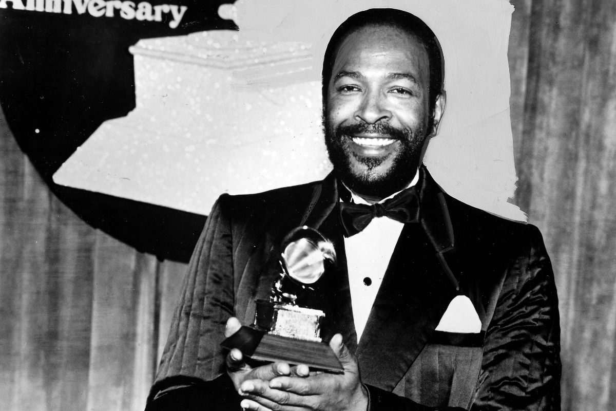 Marvin Gaye holding a Grammy for ‘Sexual Healing’, 1982