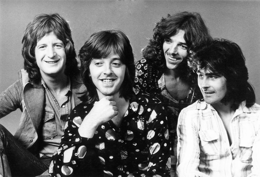 Badfinger, power pop band, 1970. L-R Pete Ham (vocals, guitar), Joey Molland (vocals, guitar), Mike Gibbons (drums), Tom Evans (vocals, bass)