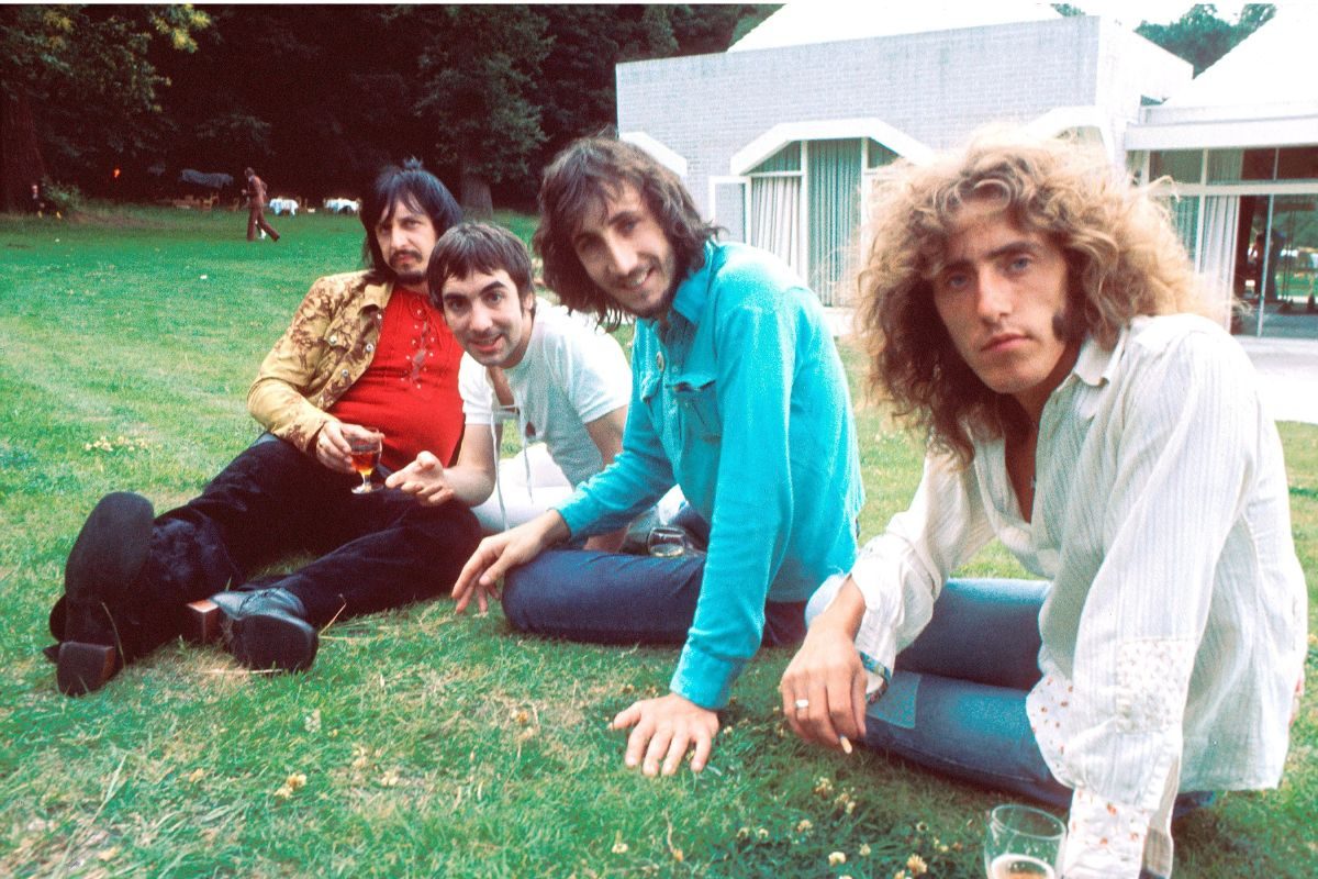 The Who pose for a press call, July 1971, Surrey, United Kingdom, John Entwistle, Keith Moon, Pete Townshend, Roger Daltrey