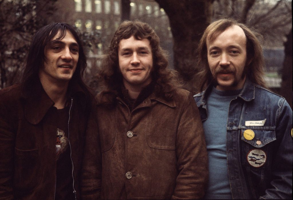 British blues band The Groundhogs, London, 1974. Left to right: bassist Peter Cruickshank, drummer Clive Brooks and guitarist Tony McPhee