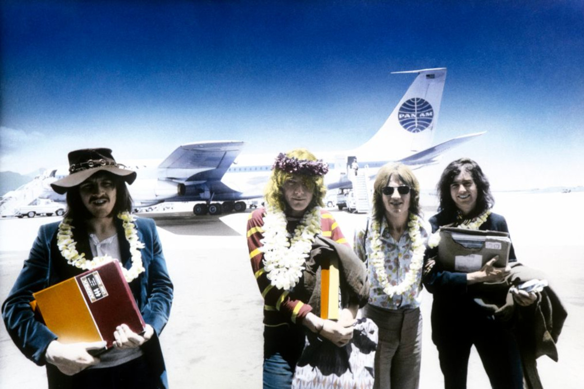 Led Zeppelin arriving at Honolulu Airport, 1969. L-R: John Bonham, Robert Plant, John Paul Jones, Jimmy Page