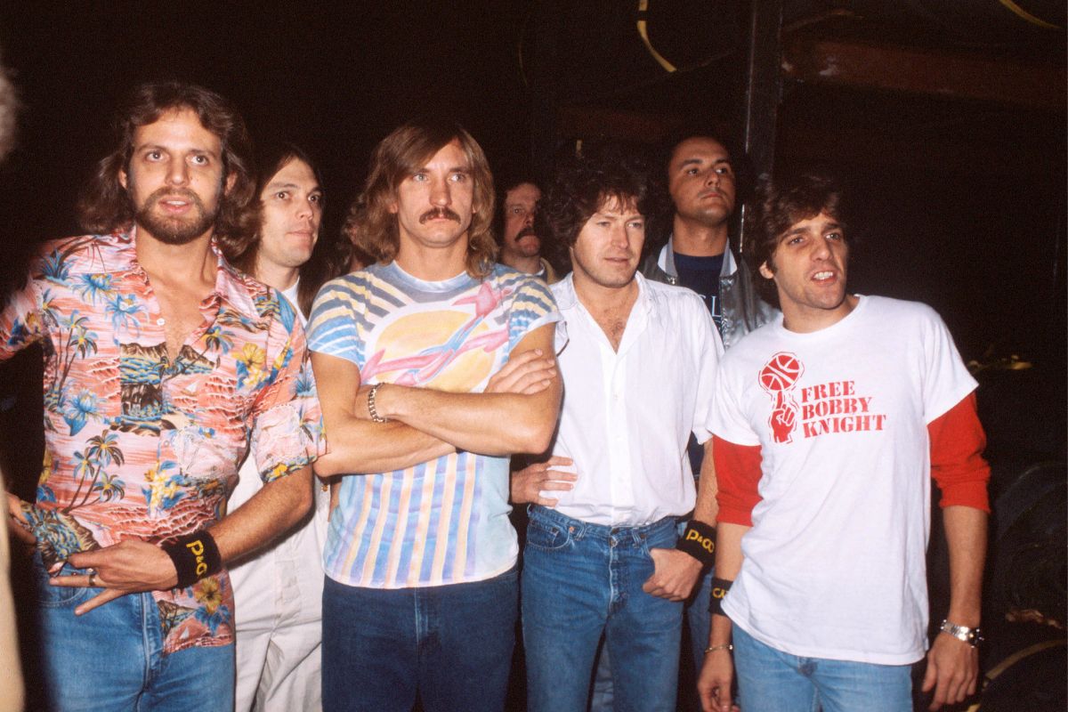 The Eagles backstage in New York, October 1979. L-R: Don Felder, Timothy B Schmit, Joe Walsh, Don Henley, Glenn Frey