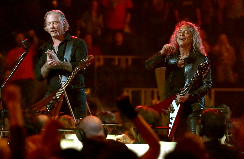 James Hetfield (L) and Kirk Hammett of Metallica perform with the San Francisco Symphony, Chase Center, San Francisco, September 6, 2019