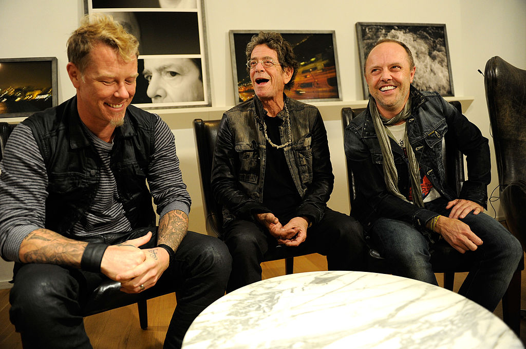 Lou Reed is flanked by Metallica's James Hetfield and Lars Ulrich at the listening party for 'Lulu', New York, October 24, 2011