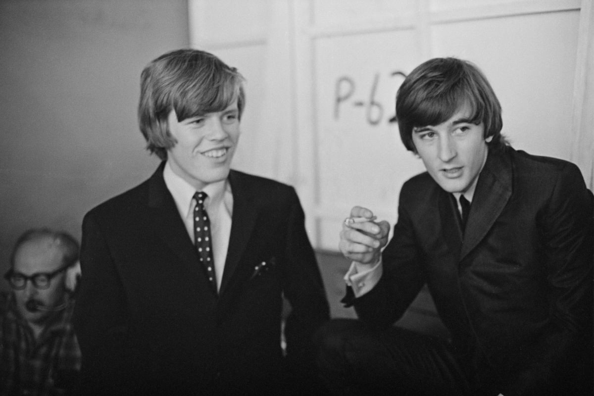 Singer Peter Noone (left) and guitarist Keith Hopwood of British pop group Herman's Hermits while appearing on 'Hullabaloo' at NBC's Studio 8-H in New York City, 9 February 1965