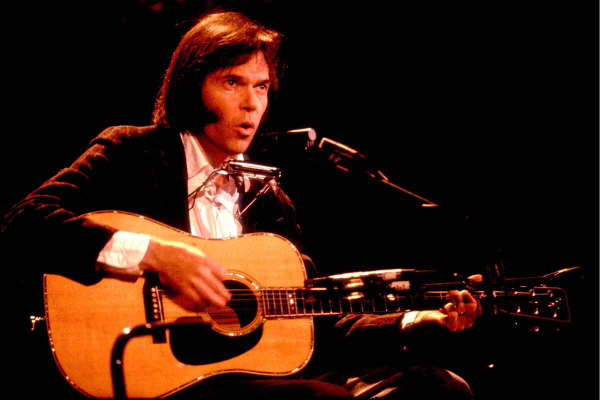 Neil Young onstage at the UIC Pavilion, Chicago, Illinois, January 31, 1983