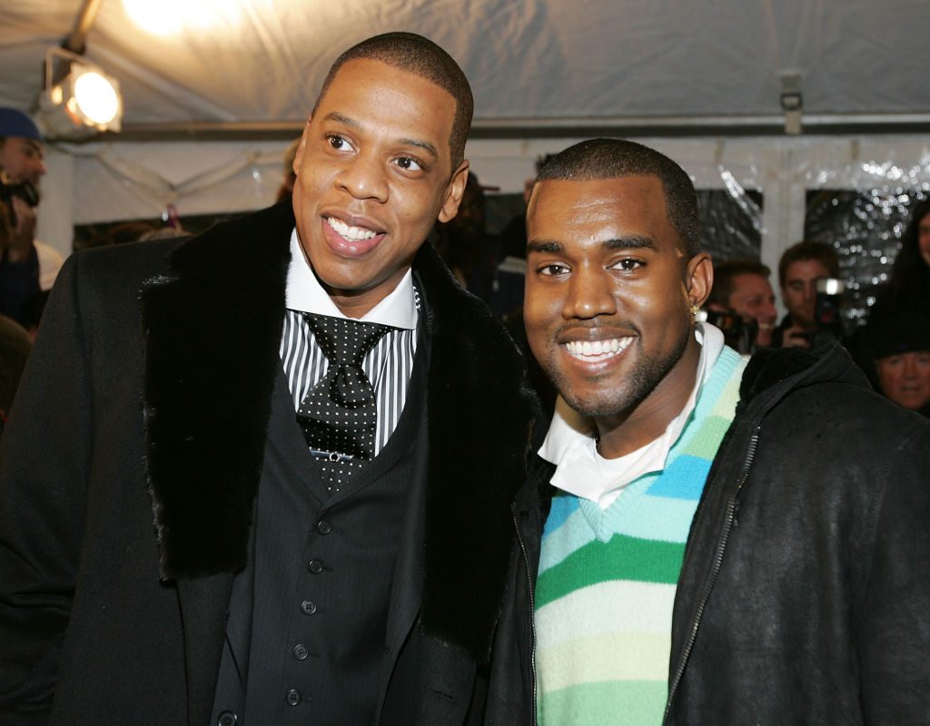 Rappers Jay-Z (left) and Kanye West arrive for the world premiere of concert film Jay-Z "Fade to Black", November 4, 2004 at the Zigfield theater in New York City
