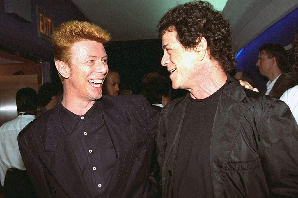 David Bowie and Lou Reed attending movie premiere of Basquiat at the Paris Theater, New York, July 1996