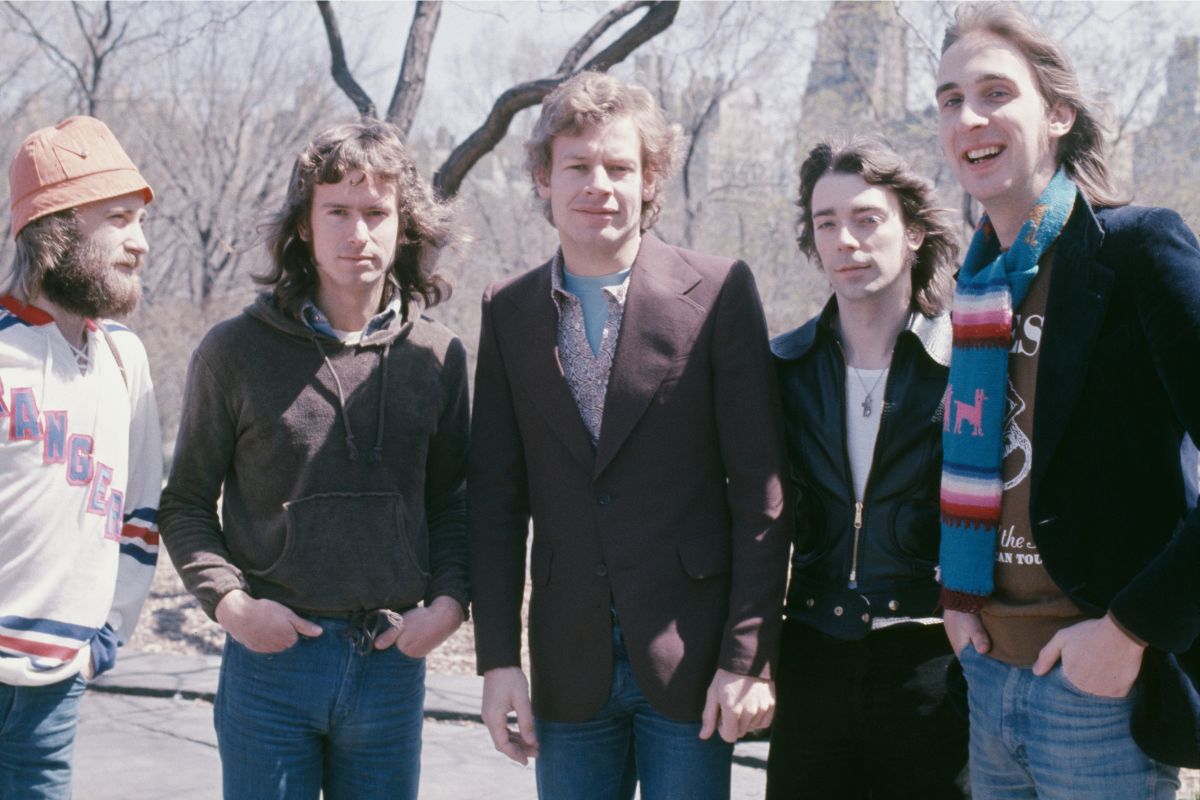 Genesis in Central Park, New York City, 20 April 1976. From left to right: singer Phil Collins, keyboard player Tony Banks, drummer Bill Bruford, guitarist Steve Hackett, and bassist Mike Rutherford