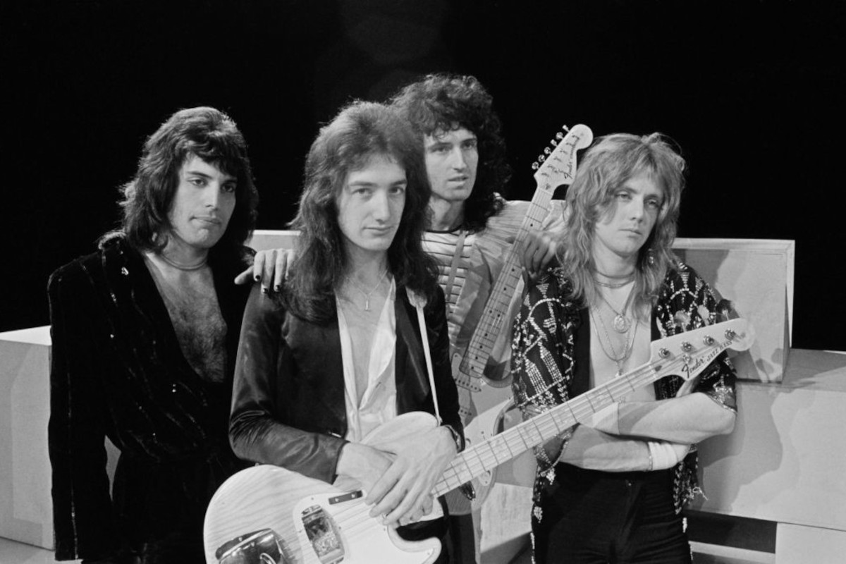 Queen posed on the set of Dutch TV show TopPop, 1974