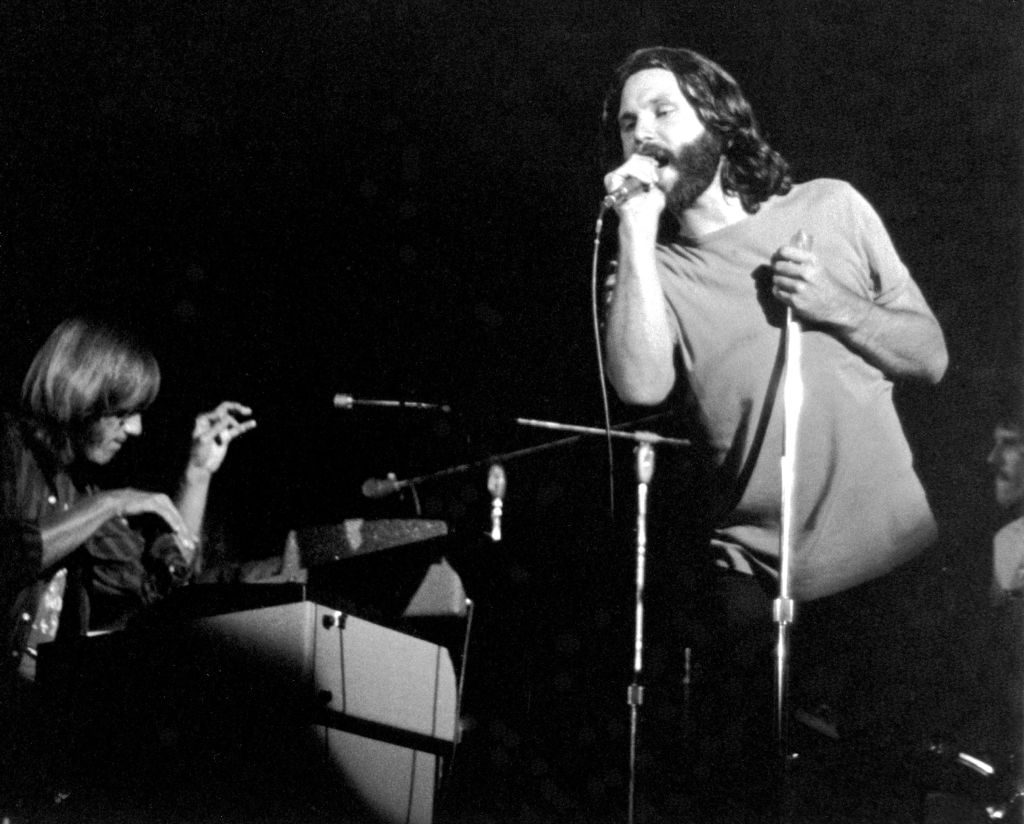 The Doors (L-R Ray Manzarek and Jim Morrison) perform at the San Diego Sports Arena on August 22, 1970 in San Diego, California