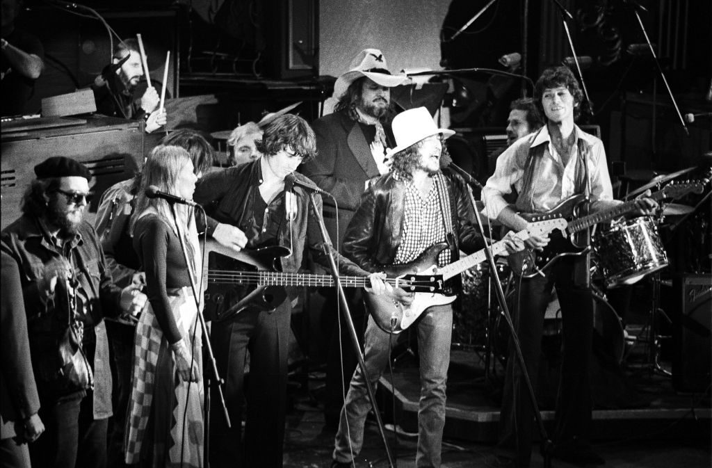 L-R Dr. John, Joni Mitchell, Neil Young, Ringo Starr, Rick Danko, Van Morrison, Ronnie Hawkins, Bob Dylan, Levon Helm, Robbie Robertson) at The Band's Last Waltz at Winterland on November 25, 1976 in San Francisco, California