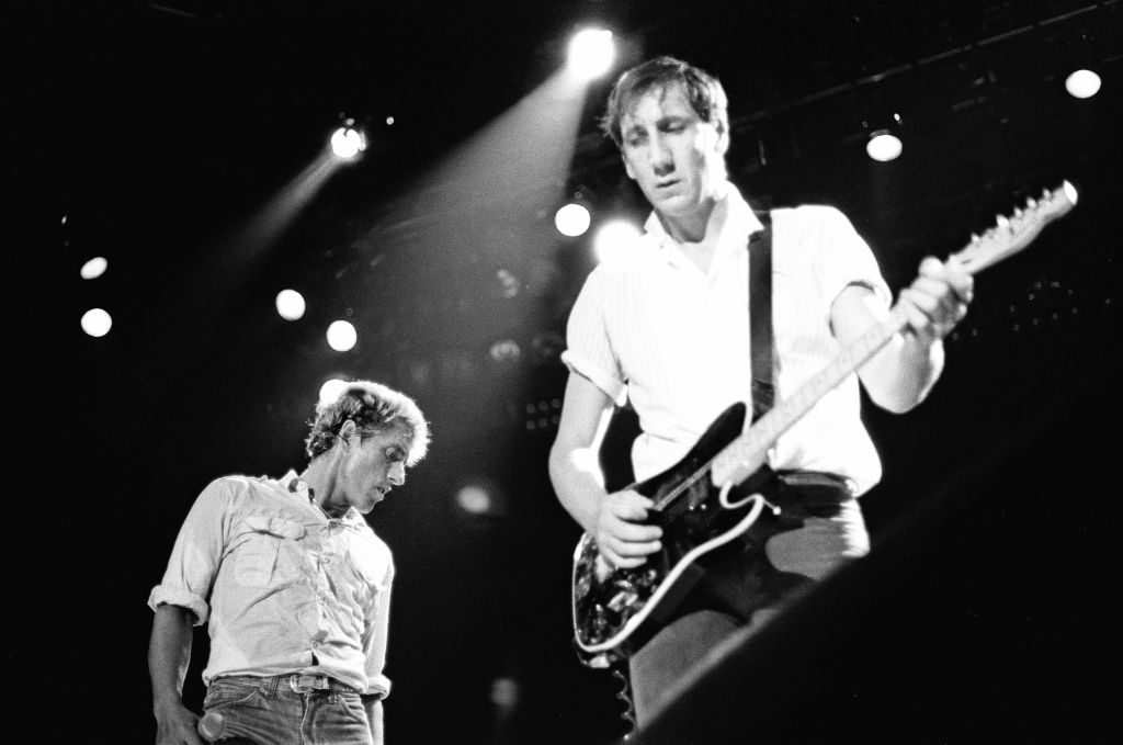 British rock group The Who, performing at the NEC in Birmingham. Singer Roger Daltrey and Pete Townshend. 12th September 1982