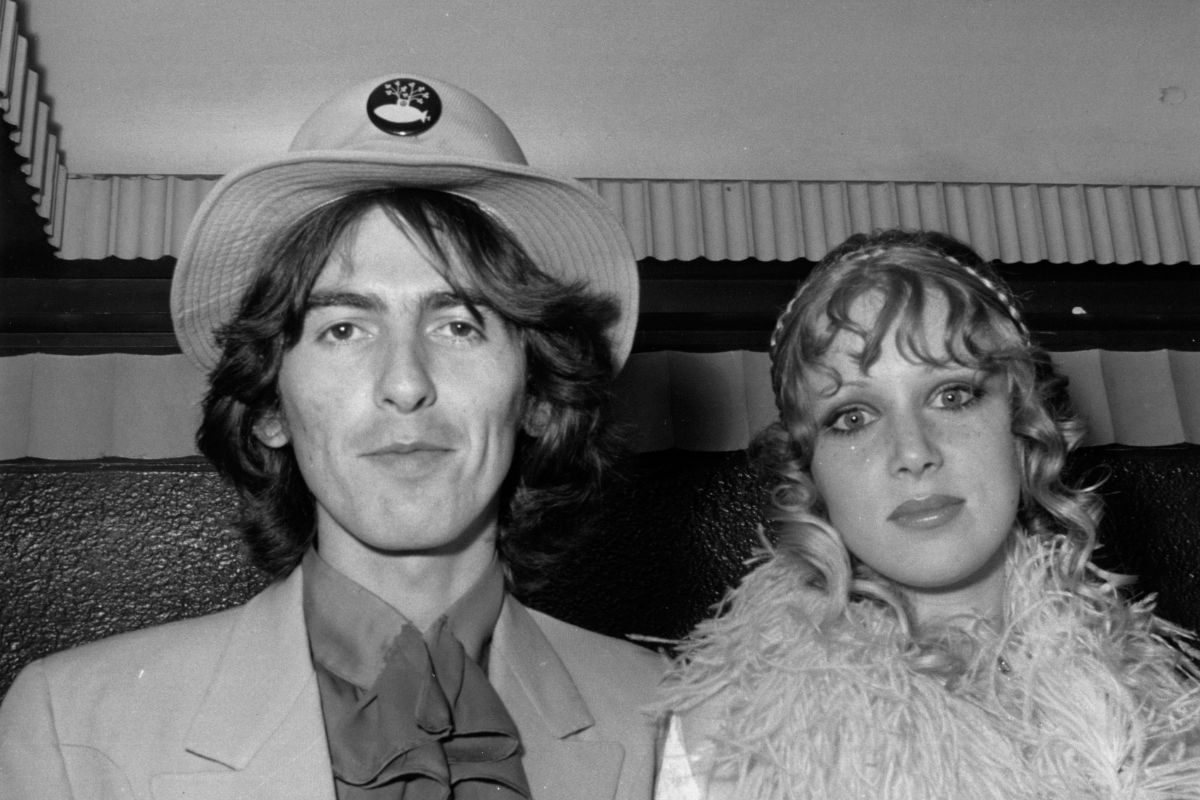 George Harrison and his wife Patti Boyd arrive at the world premiere of the new Beatles film 'Yellow Submarine', 1968
