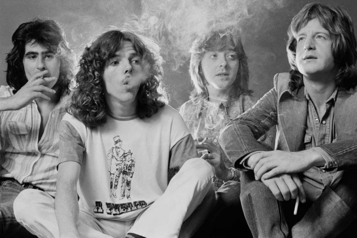 Badfinger, September 1973. Left to right: Tom Evans, Mike Gibbins, Joey Molland and Pete Ham