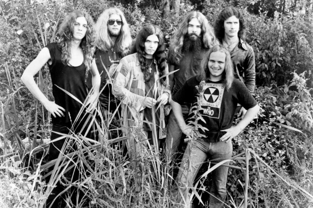 Lynyrd Skynyrd (L-R: Allen Collins, Leon Wilkeson, Gary Rossington, Artimus Pyle, Ronnie Van Zandt and Billy Powell) posing for a portrait, circa 1975