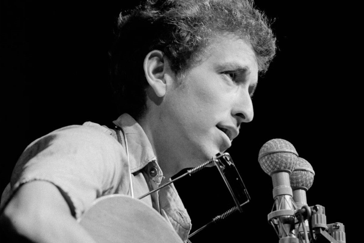 Bob Dylan during a performance at the Newport Folk Festival, July 1963