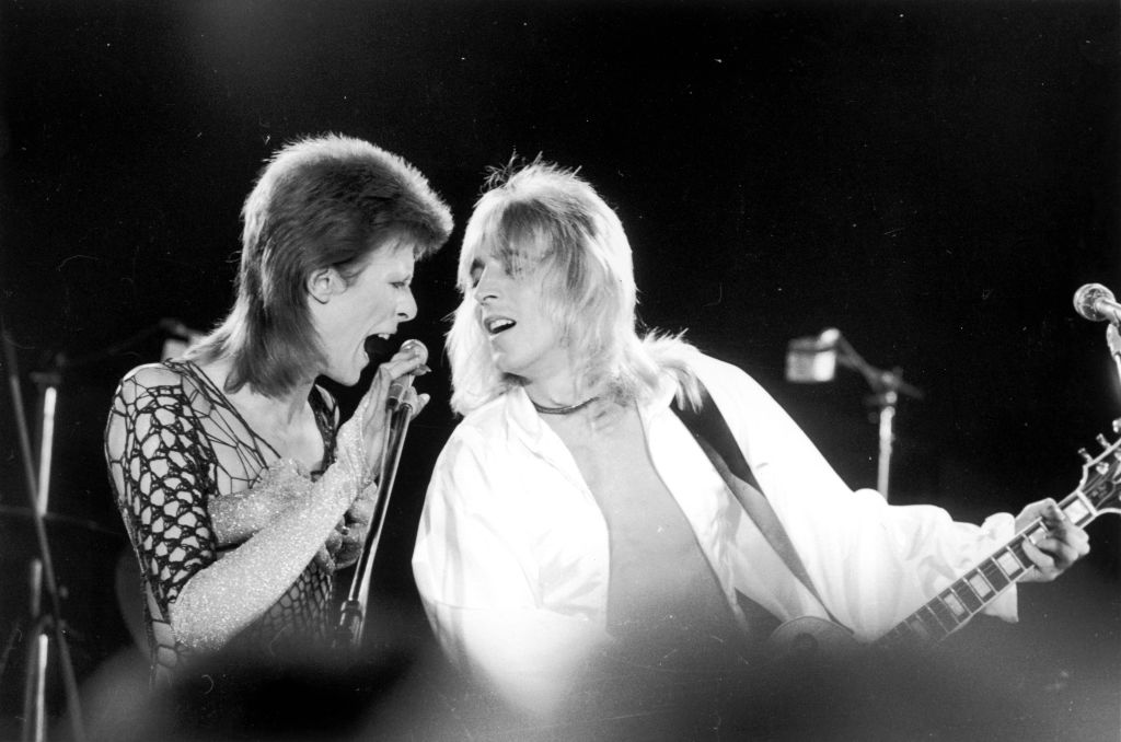 David Bowie and guitarist Mick Ronson at a live recording of 'The 1980 Floor Show' for the NBC 'Midnight Special' TV show, at The Marquee Club in London, 20th October 1973