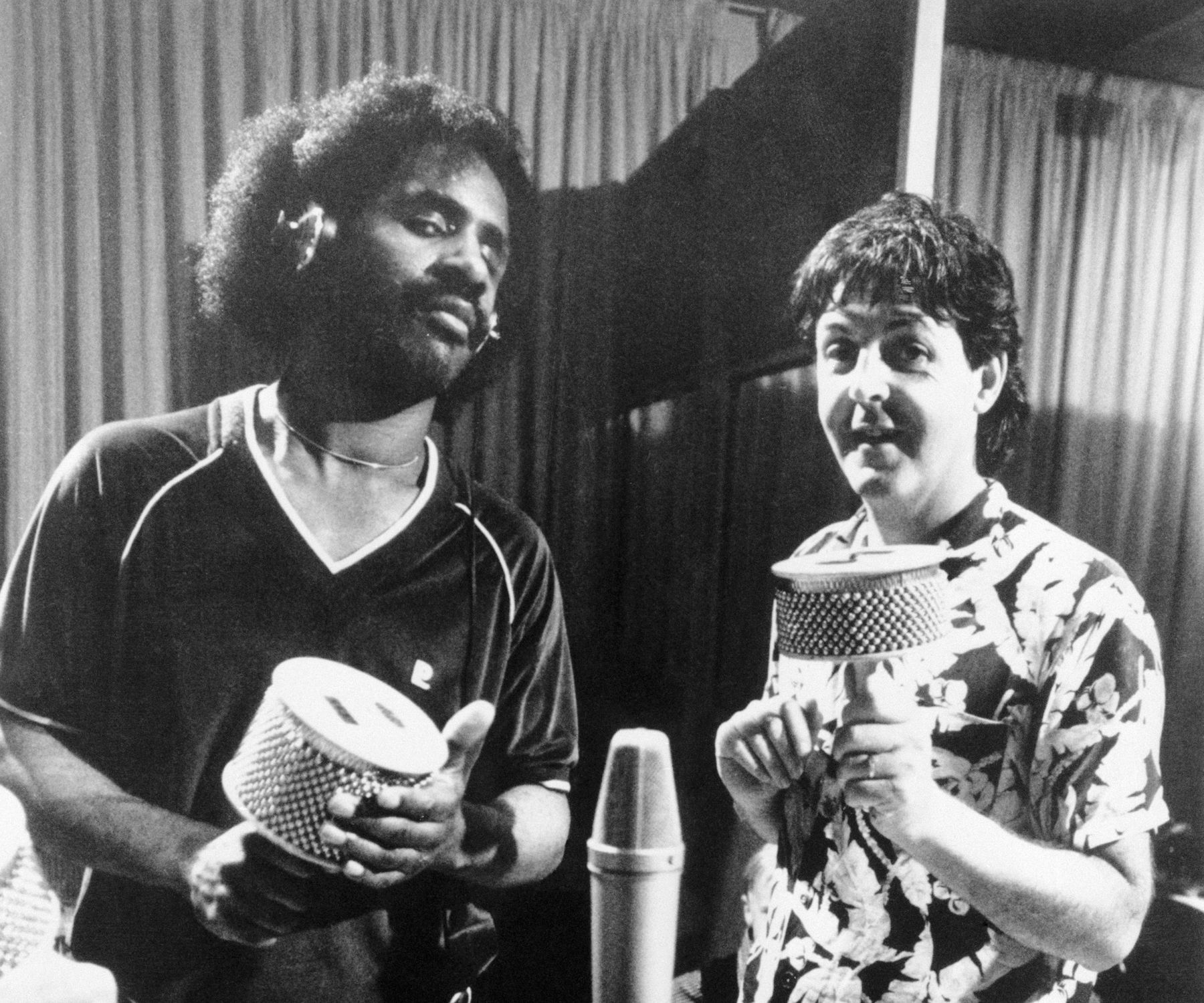Paul McCartney and Stevie Wonder recording Tug of War on the Carribean Island of Montserrat, early 1982