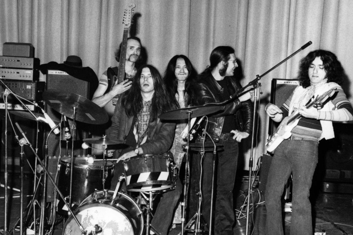 Can, from left to right; Holger Czukay, Michael Karoli, Damo Suzuki, Irmidt Schmidt and Jaki Leibzeit, during the 'Tago Mago' period, circa 1975