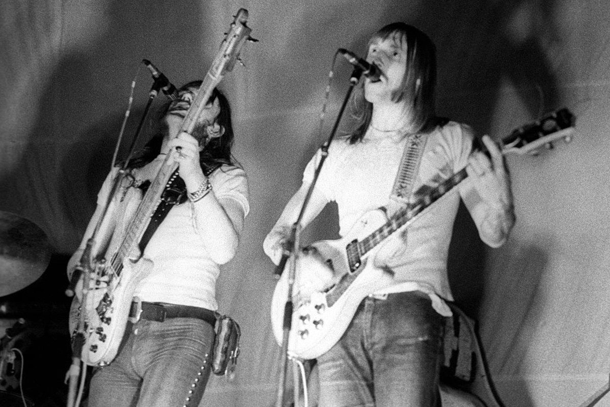 Lemmy, Dave Brock of Hawkwind performing on stage, London, 1973
