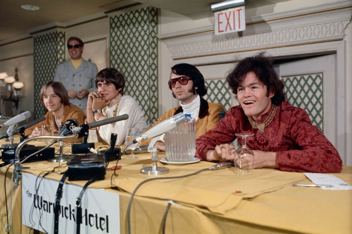 The Monkees announcing their forthcoming tour at the Warwick Hotel in New York, July 6 1967. Left to right: Peter Tork, Davy Jones, Mike Nesmith, Micky Dolenz