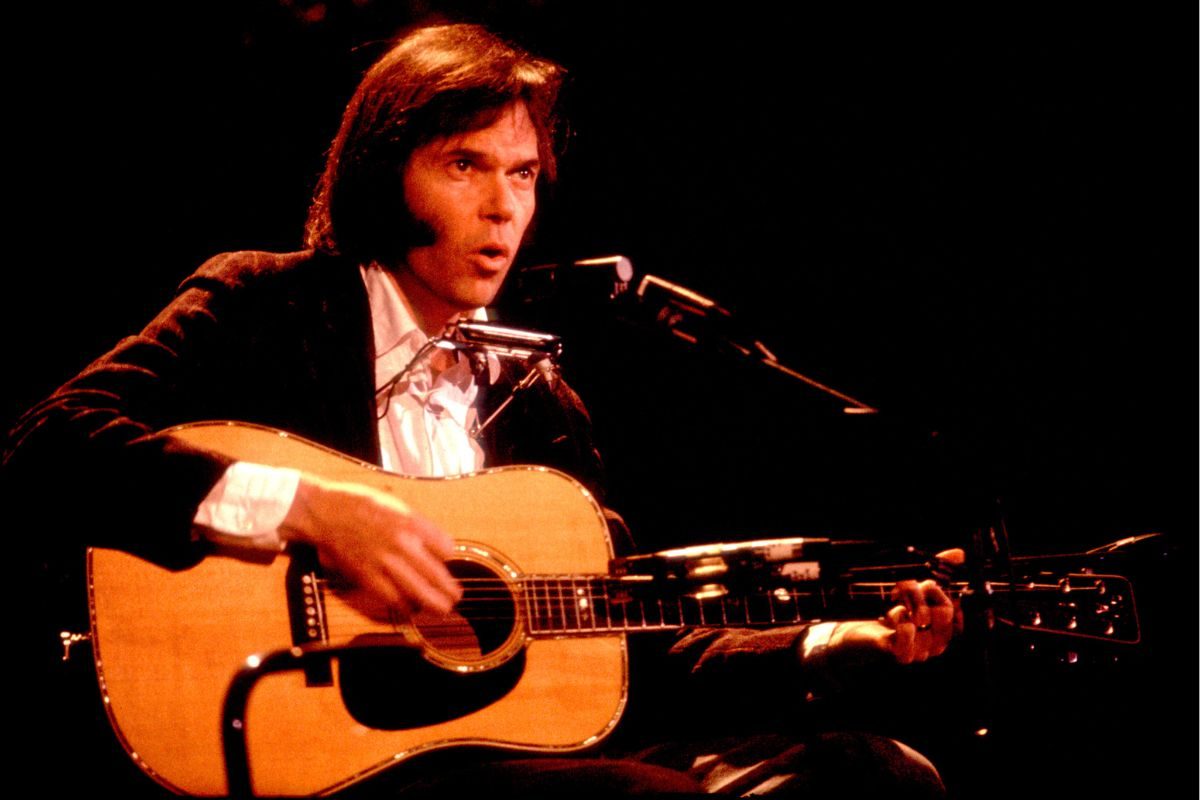 Neil Young onstage at the UIC Pavilion, Chicago, Illinois, January 31, 1983