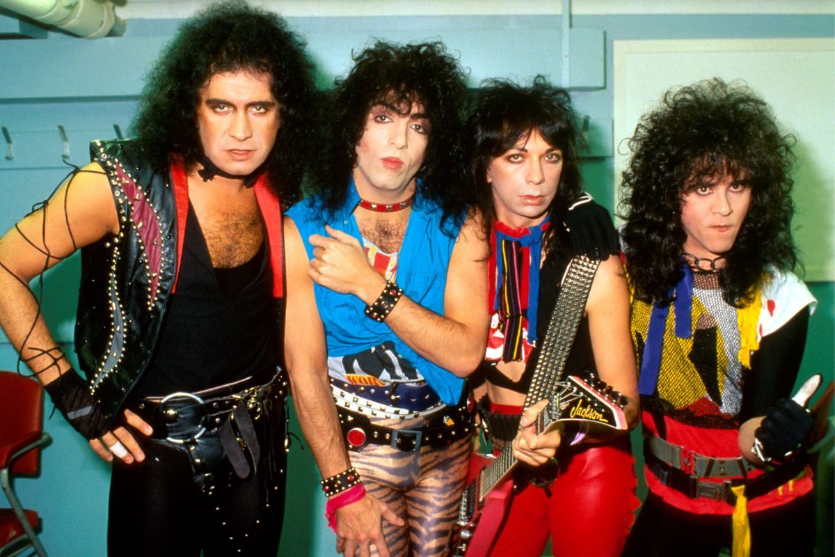 Kiss without makeup, London, August 1983. From left, Gene Simmons, Paul Stanley, Vinnie Vincent, Eric Carr