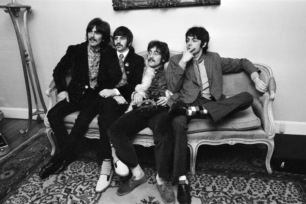 The Beatles at the press launch of their new album 'Sgt. Pepper's Lonely Hearts Club Band, 24 Chapel Street, Belgravia, London, 19 May 1967. L-R George Harrison, Ringo Starr, John Lennon, Paul McCartney