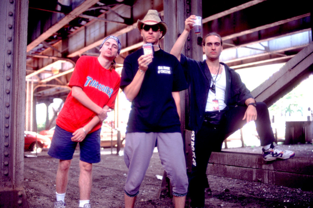 Primus, left to right, Tim Alexander, Les Claypool, and Larry LaLonde in Chicago, 1991