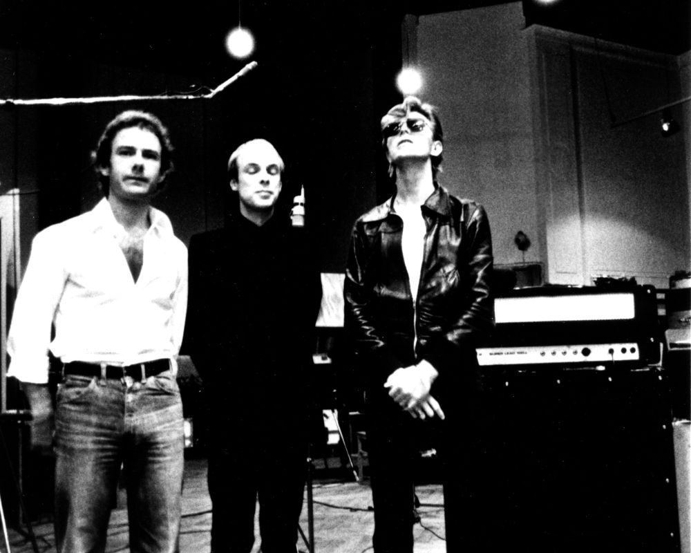 Robert Fripp, Brian Eno and David Bowie recording "Heroes" in 1977 in Berlin, Germany
