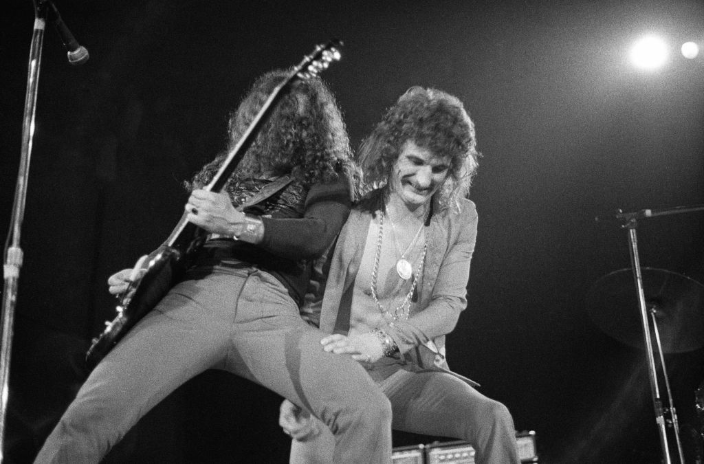 Uriah Heep guitarist Mick Box (left) and singer David Byron on tour in the USA, March 1972