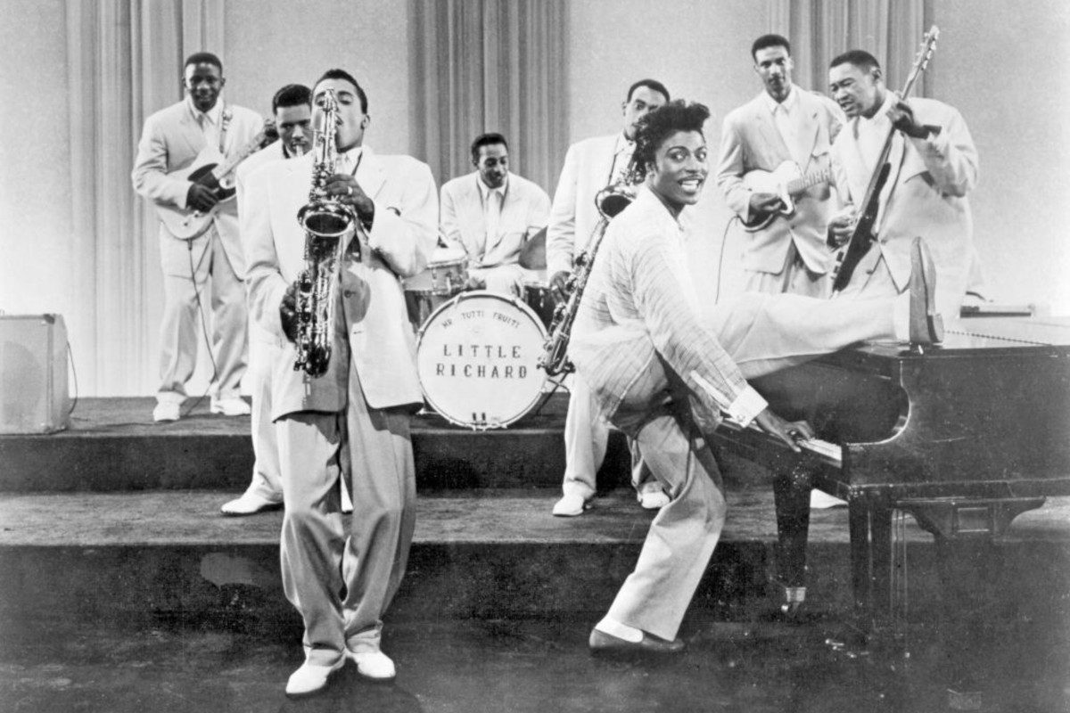 Little Richard (at the piano) and his saxophone player Grady Gaines perform in a scene from the movie Mister Rock And Roll, 1957