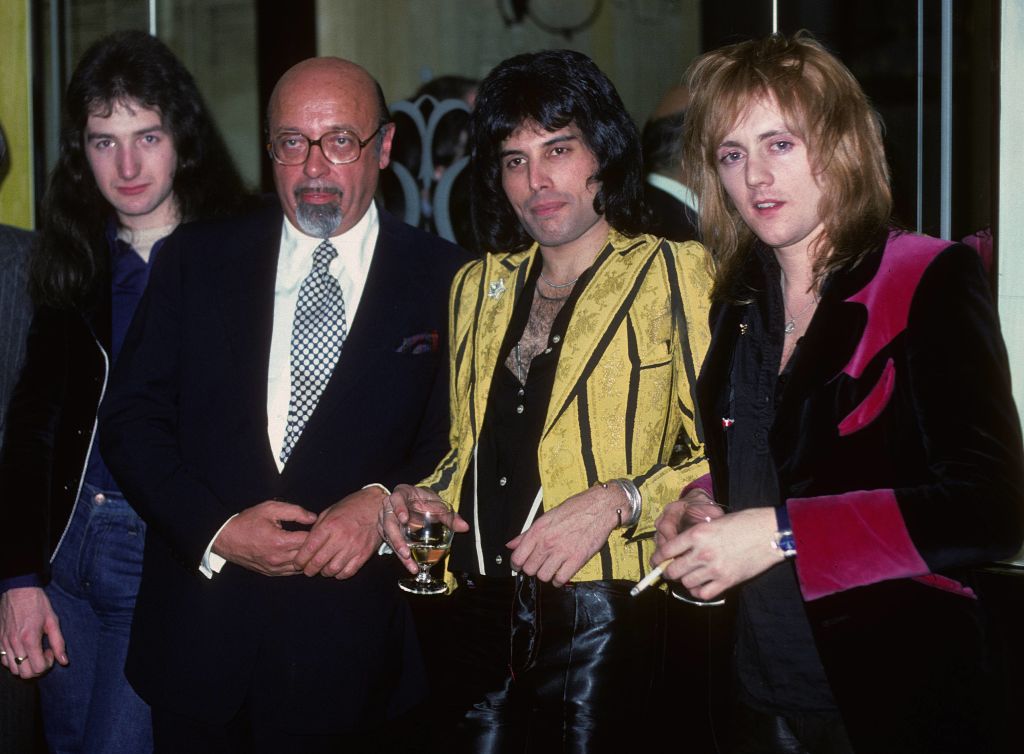 Atlantic Records boss Ahmet Ertegun, second left, with Queen's John Deacon, Freddie Mercury and Roger Taylor, 1977