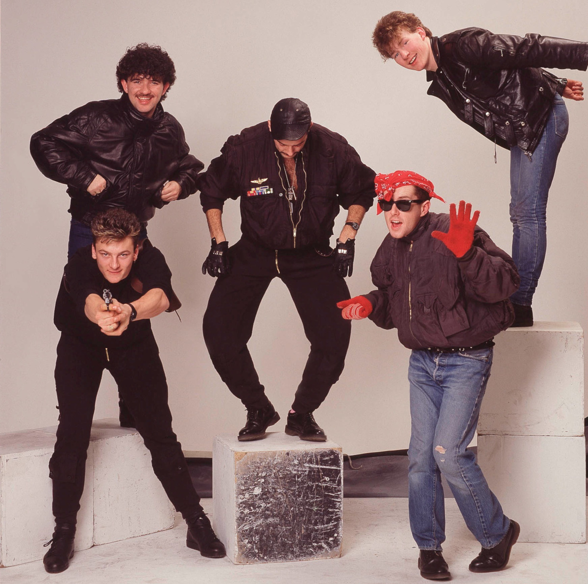 Frankie Goes To Hollywood, studio group portrait, London, March 1984, L-R Peter Gill, Mark O'Toole, Paul Rutherford, Holly Johnson, Brian Nash