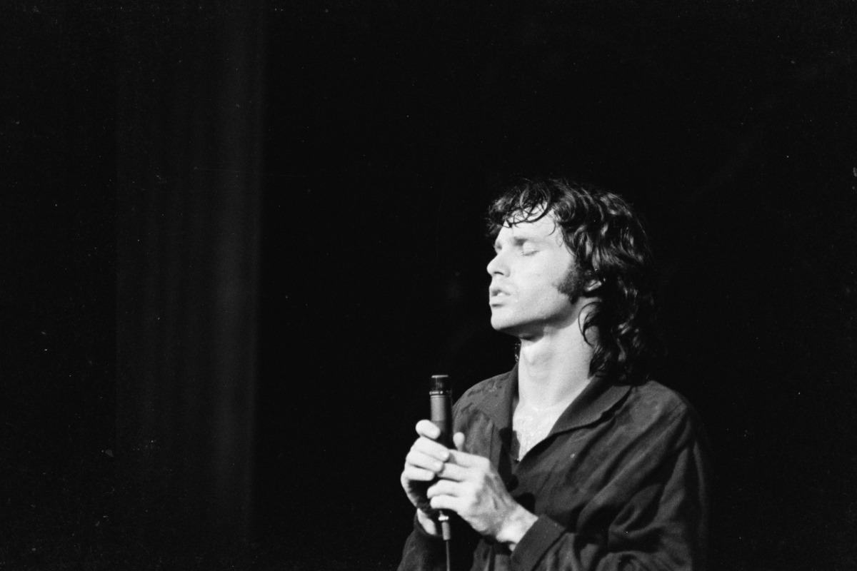 American Rock singer Jim Morrison of the group the Doors, performs onstage at Town Hall, Philadelphia, Pennsylvania, June 18, 1967