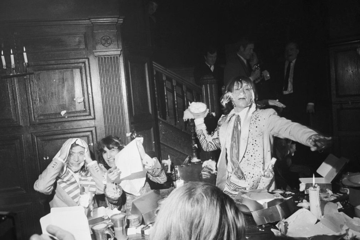 The Rolling Stones throwing food in the Elizabethan room at the Kensington Gore hotel, where they hosted a banquet for the launch of their 'Beggars Banquet' album, 5th December 1968
