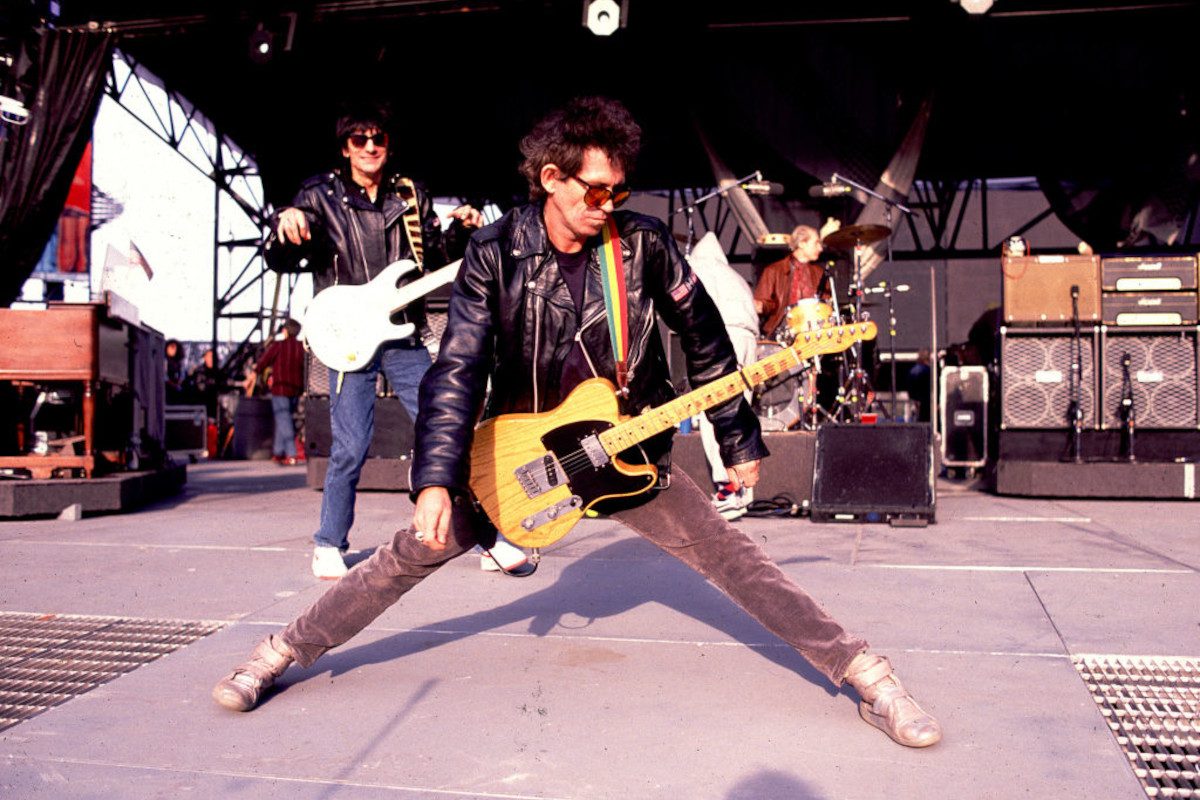 Keith Richards of the Rolling Stones performs on stage during the band's 'Steel Wheels' tour, late 1989